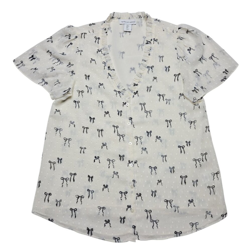 Cupcakes and Cashmere Top Womens Small Ivory Sheer Fairy Button Up Clip‎ Dot